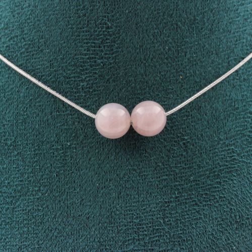 Collier 2 Perles Quartz Rose De Madagascar 8 Mm Chaine En Acier Collier Femmes, Hommes. Taille Personnalisable.