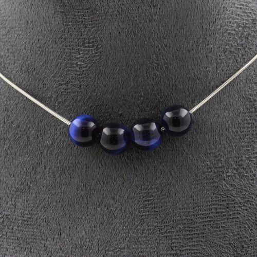 Collier 4 Perles Oeil De Tigre Bleu 8 Mm. Chaine En Acier Inoxydable Collier Femmes, Hommes. Taille Personnalisable.