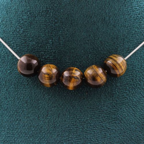 Collier 5 Perles Oeil De Tigre 10 Mm. Chaine En Acier Inoxydable Collier Femmes, Hommes. Taille Personnalisable.