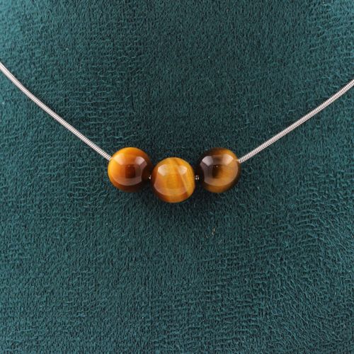 Collier 3 Perles Oeil De Tigre 8 Mm. Chaine En Acier Inoxydable Collier Femmes, Hommes. Taille Personnalisable.