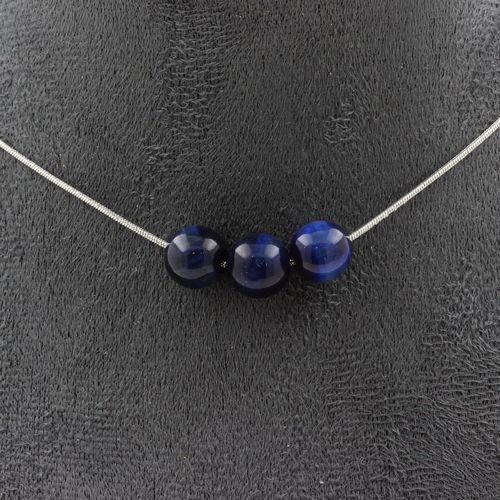 Collier 3 Perles Oeil De Tigre Bleu 8 Mm. Chaine En Acier Inoxydable Collier Femmes, Hommes. Taille Personnalisable.