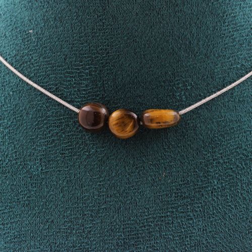 Collier 3 Perles Oeil De Tigre D'afrique Du Sud. Chaine En Acier Collier Femmes, Hommes. Taille Personnalisable.