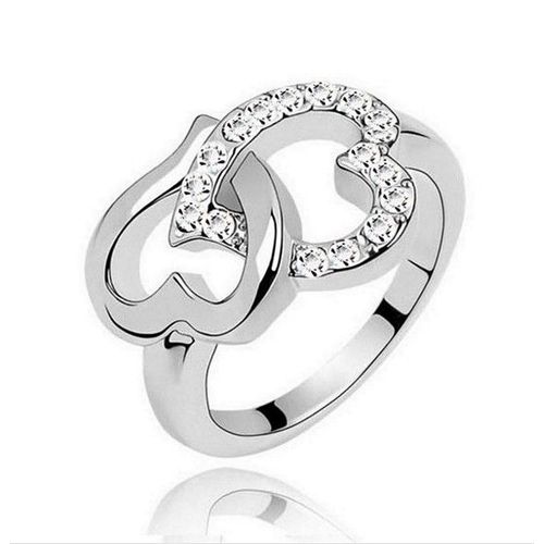 Bague 2 Coeurs Entrelacés (Idée Cadeau C Ur Amoureux Saint Valentin Anniversaire Noel...) - Cristal Sur Métal Argenté