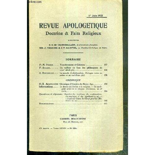 Revue D'apologetique - Doctrine & Fait Religieux - N° 386 - 1er Juin 1922 - Transformisme Et Creation Par P.-M. Perier - Un Vaillant En Face Des Philosophes Du Xviiie Siecle (Suite)  Par P. ...