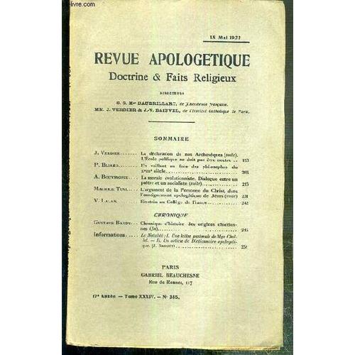 Revue D'apologetique - Doctrine & Fait Religieux - N° 385 - 15 Mai 1922 -  La Declaration De Nos Archeveques (Suite), L'ecole Publique Ne Doit Pas Etre Neutre Par J.-Verdier - Un Vaillant En ...