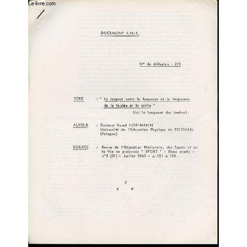 Document I.N.S. N°275 : Le Rapport Enttre La Longueur Et La Frequence De La Foulee Et La Taille.