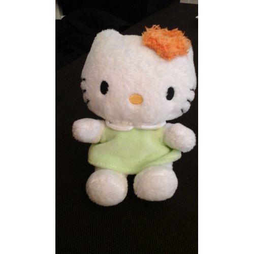 Peluche Doudou Hello Kitty Au Gilet Vert Et Fleur Orange Environ 13 Cm