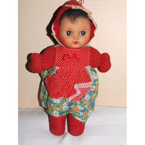 Poupée Tissu Chiffon Ancien Vintage Rouge Bruiteur Yeux Dormeur 33 Cm