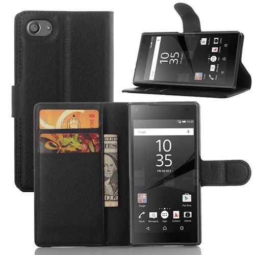 Sony Xperia Z5 Compact Housse Etui Coque Luxe Portefeuille En Cuir Pu Support Carte Bleu Billet - Housse Luxe Noir