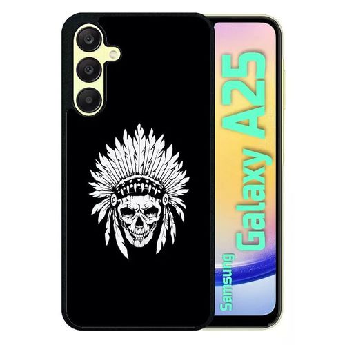 Coque Pour Galaxy A25 - Tete De Mort Coiffe Indienne Noir Et Blanc - Silicone - Noir