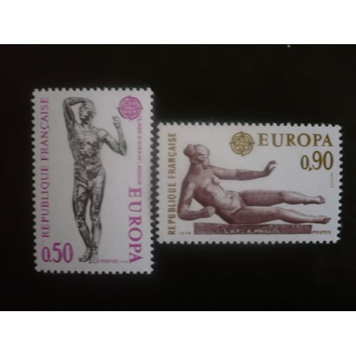 Série De 2 Timbres Neufs  - Europa - Sculptures - Année 1974  - Yvert Et Tellier 1789 "L'âge D'airain" De Rodin Et 1790 "L'air" De Maillol