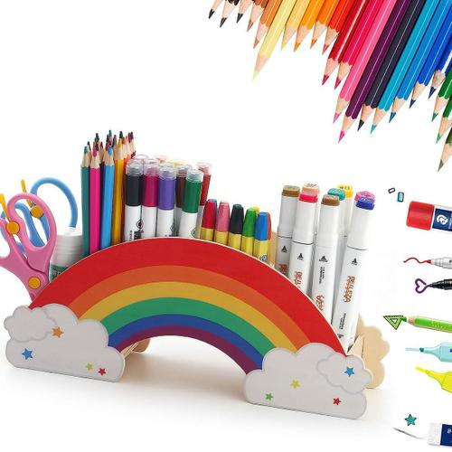 Trousse À Crayons Arc-En-Ciel En Bois, Joli Pot À Crayons Avec 6 Compartiments Goodnice