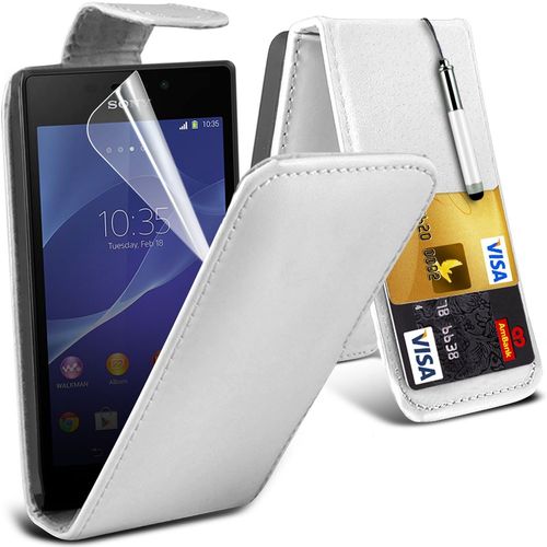 Onx3 Sony Xperia M2 Leather Flip Case Cover Etui With Retractable Stylus Pen & Lcd Screen Protector Guard (White)