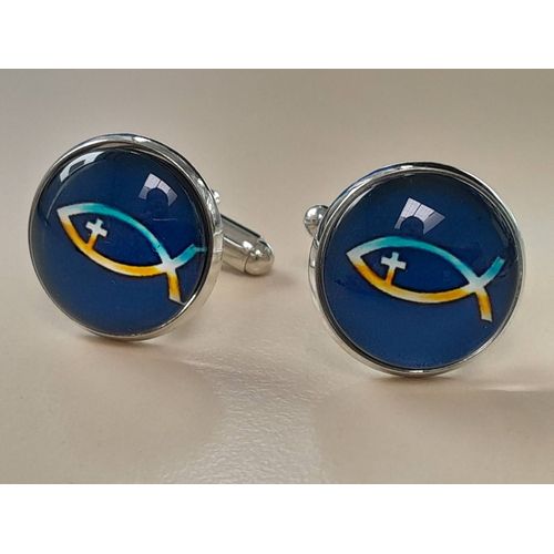 Boutons De Manchettes En Forme De Disque Avec Un Dessin De Poisson De Couleurs Argentée Et Bleu Pour Du Style ...