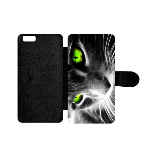 Etui À Rabat Iphone 6+ - Chat Noir Et Blanc Yeux Vert - Simili-Cuir - Noir
