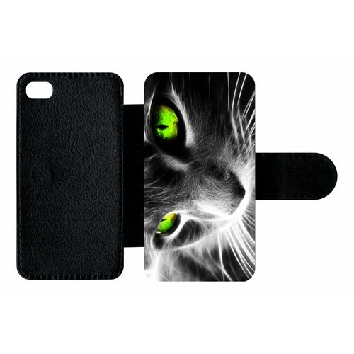 Etui À Rabat Iphone 4s - Chat Noir Et Blanc Yeux Vert - Simili-Cuir - Noir