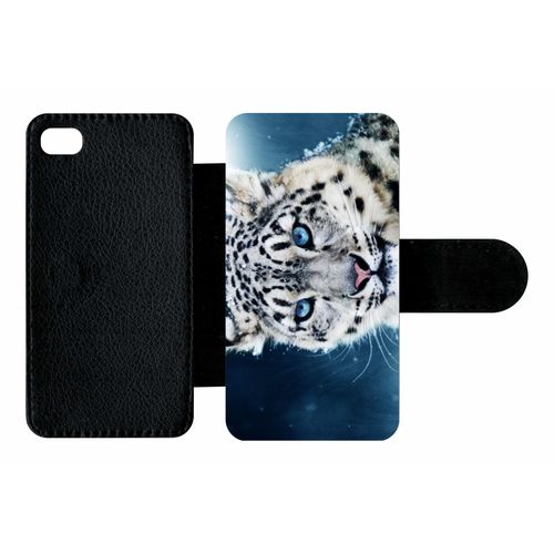 Etui À Rabat Iphone 4s - Tigre Blanc Yeux Bleus - Simili-Cuir - Noir