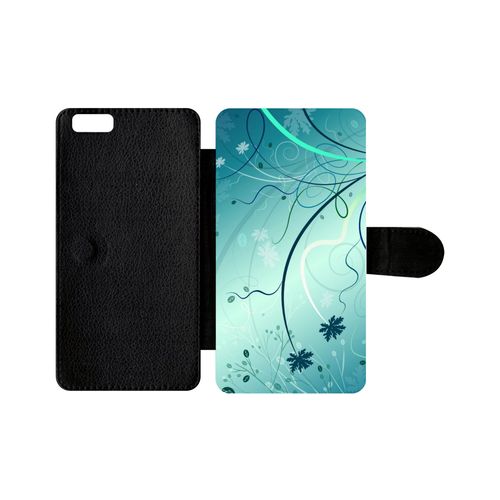 Etui À Rabat Iphone 6s+ - Abstrait Turquoise Fleur - Simili-Cuir - Noir