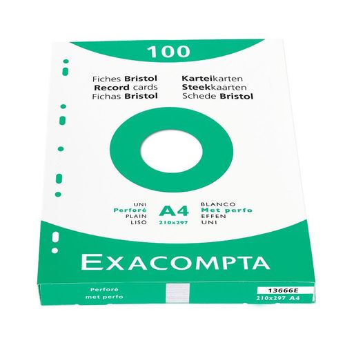 Exacompta - 13666e - Etui 100 Fiches Bristol Blanc A4 Perforée Sur Le Grand Coté