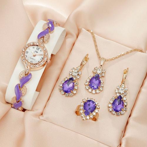 Ensemble Bijoux Pour Femmes Montre-Bracelet Couleur Violet À Quartz Collier Bague Boucles D'oreilles