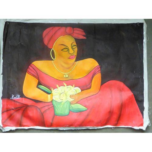 Grande Huile Sur Toile Haïti (Sans Châssis) Signée Rosita - Motif : Femme À La Fleur