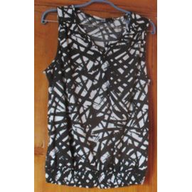 Petit Haut Féminin Sans Manches-Encolure Ronde Avec Petite Fente-Noir Et Blanc Imprimé Asymétrique-Large Bande Élastiquée Au Dos-Marque Kiabi-Taille L (41/42)-100%Polyester Légèrement Transparent