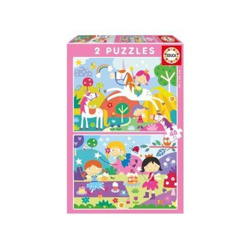 Pack Puzzles 2 X 48 Pieces Monde Magique : Licornes Et Fees - Amis Fantastiques - Des 5 Ans - Set Puzzle Fille + Carte Animaux