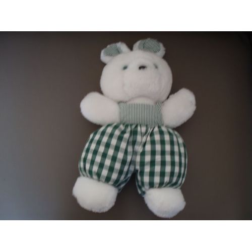Doudou Nounours. Lapin Blanc Carreaux Vichy Et Rayé Vert.