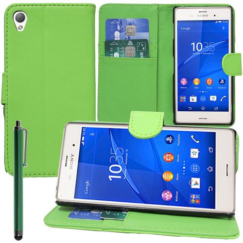 Sony Xperia Z3/ Z3 Dual D6603 D6643 D6653 D6616 D6633: Etui Portefeuille Livre Housse Coque Pochette Support Vidéo Cuir Pu + Stylet - Vert