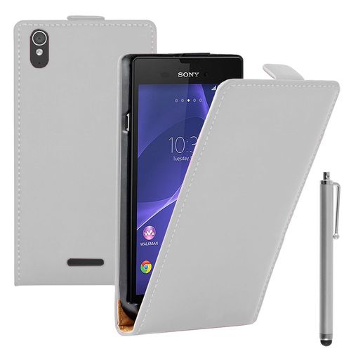 Sony Xperia T3 D5103 D5102 D5106: Housse Coque Etui Cuir Fine Slim + Stylet - Blanc
