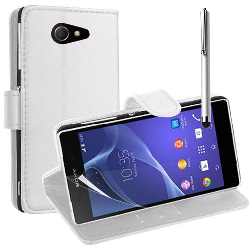 Sony Xperia M2/ M2 Dual D2303 D2305 D2306: Etui Portefeuille Livre Housse Coque Pochette Support Vidéo Cuir Pu + Stylet - Blanc