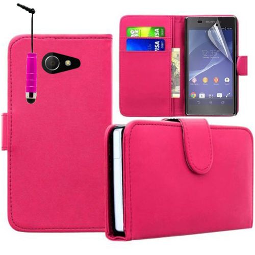 Sony Xperia M2/ M2 Dual D2303 D2305 D2306: Etui Portefeuille Livre Housse Coque Pochette Cuir Pu + Stylet - Rose