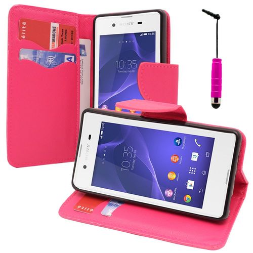 Sony Xperia E3/ E3 Dual D2212 D2203 D2243 D2206 D2202: Etui Portefeuille Livre Housse Coque Pochette Support Vidéo Cuir Pu Effet Tissu + Stylet - Rose