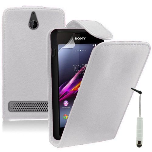 Sony Xperia E/ E Dual C1605 C1505 C1604: Etui Housse Coque Pochette Simili Cuir + Stylet - Blanc