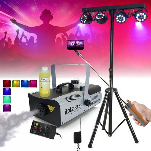 Pack Pied Lumière Portique DJ BOOST-LIGHT70 4 Projecteurs - Machine Fumée Ibiza LSM1200PRO - Enceinte Perche FREESOUND-SELFIE