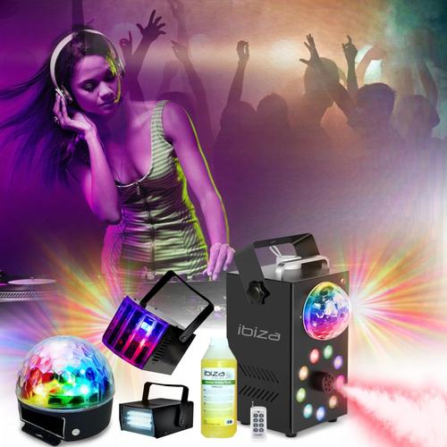 Pack Lumières IBIZA LIGHT - Ensemble Jeux Lumières Stroboscope Astro Derby - Machine Fumée LEDS RGB FOGGY-ASTRO Soirée Cadeau Fête