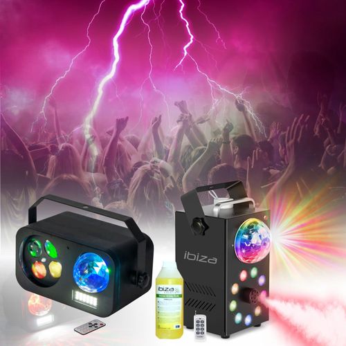 Pack Lumières IBIZA LIGHT - Jeu Lumière 3-en-1 Gobo Strobe Astro - Machine Fumée LEDS RGB FOGGY-ASTRO Dj Soirée Anniversaire Cadeau