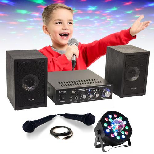 Pack KARAOKE-STAR2MKII Enfant - 2 Enceintes 2 Micros 1 Ampli Bluetooth USB SD 100W - Projecteur 2-en-1 PAR Astro Musique Soirée Fête
