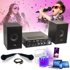 Pack KARAOKE-STAR2MKII Enfant - 2 Enceintes 2 Micros 1 Ampli Bluetooth USB SD 100W - Jeu Lumière Derby Multifaisceaux - Cadeau