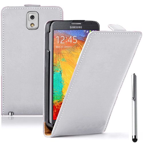 Samsung Galaxy Note 3 N9000/ N9002/ N9005/ N9006: Housse Coque Etui Cuir Fine Slim + Stylet - Blanc