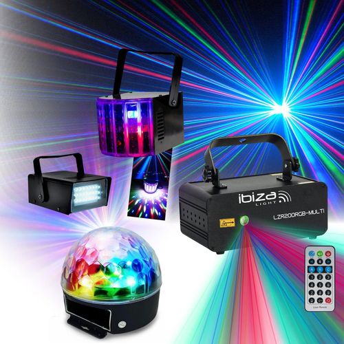 Pack Effets de Lumière PARTY-3PACK Stroboscope Derby Astro - Laser Ibiza LZR200RGB-MULTI Soirée Discothèque Club Bar Musique Dj