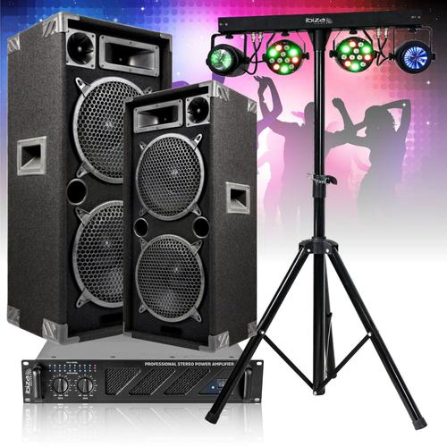 Pack Sono Ibiza 3600W Total - Ampli AMP1000-MKII 2x800W - 2 Enceintes 1000W - Pack 4 Jeux de Lumière DJLIGHT60 - Pied Support