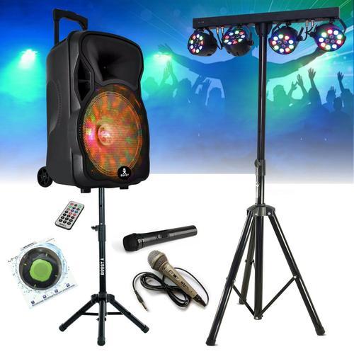 Pack Karaoké Enceinte Autonome 600W BOOST-MOBILE12-SET - 2 Micros - Pied enceinte - Pack Lumière Projecteur Astro sur pied support