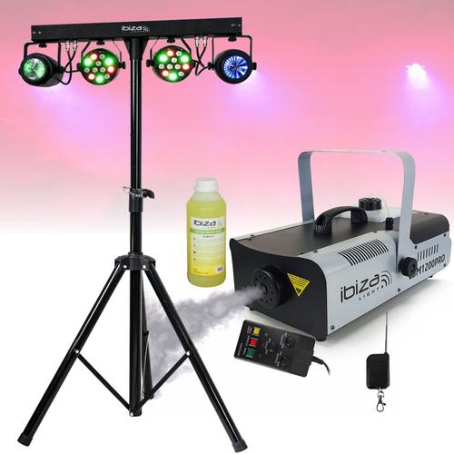 Pack Lumière Ibiza DJLIGHT60 - 4 Jeux de Lumière Projecteurs - Moonflower - Pied support - Machine à fumée 1200W Programmable