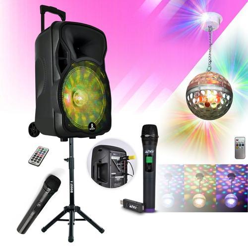 Enceinte portable Autonome 600W BOOST-MOBILE12-SET USB Bluetooth - 2 Micros sans fil - Pied - Boule Disco Led ASTRO-BALL8 - Câble