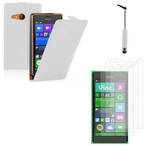 Nokia Lumia 735/ 735 Lte/ 730 Dual Sim/ Rm-1040: Lot Coque Etui Housse Pochette Accessoires Cuir Slim Ultra Fine + 3 Films Transparent + 1 Mini Stylet - Blanc