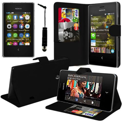 Nokia Asha 503/ 503 Dual Sim: Etui Portefeuille Livre Housse Coque Pochette Support Vidéo Cuir Pu + Stylet - Noir