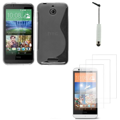 Htc Desire 510: Lot Coque Etui Housse Pochette Accessoires Silicone Gel + 3 Films Transparent + 1 Mini Stylet - Transparent