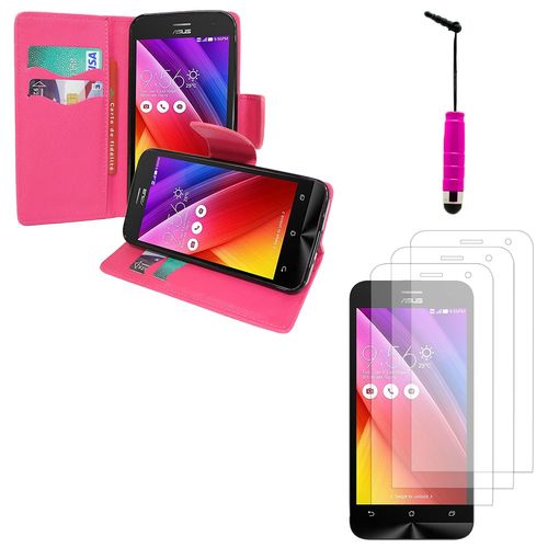 Asus Zenfone 2 Ze500cl/ Zenfone 2e: Lot Coque Etui Housse Pochette Accessoires Portefeuille Support Video Cuir Pu Effet Tissu + 3 Films Transparent + 1 Mini Stylet - Rose