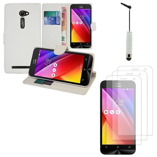 Asus Zenfone 2 Ze500cl/ Zenfone 2e: Lot Coque Etui Housse Pochette Accessoires Portefeuille Support Video + 3 Films Transparent + 1 Mini Stylet - Blanc